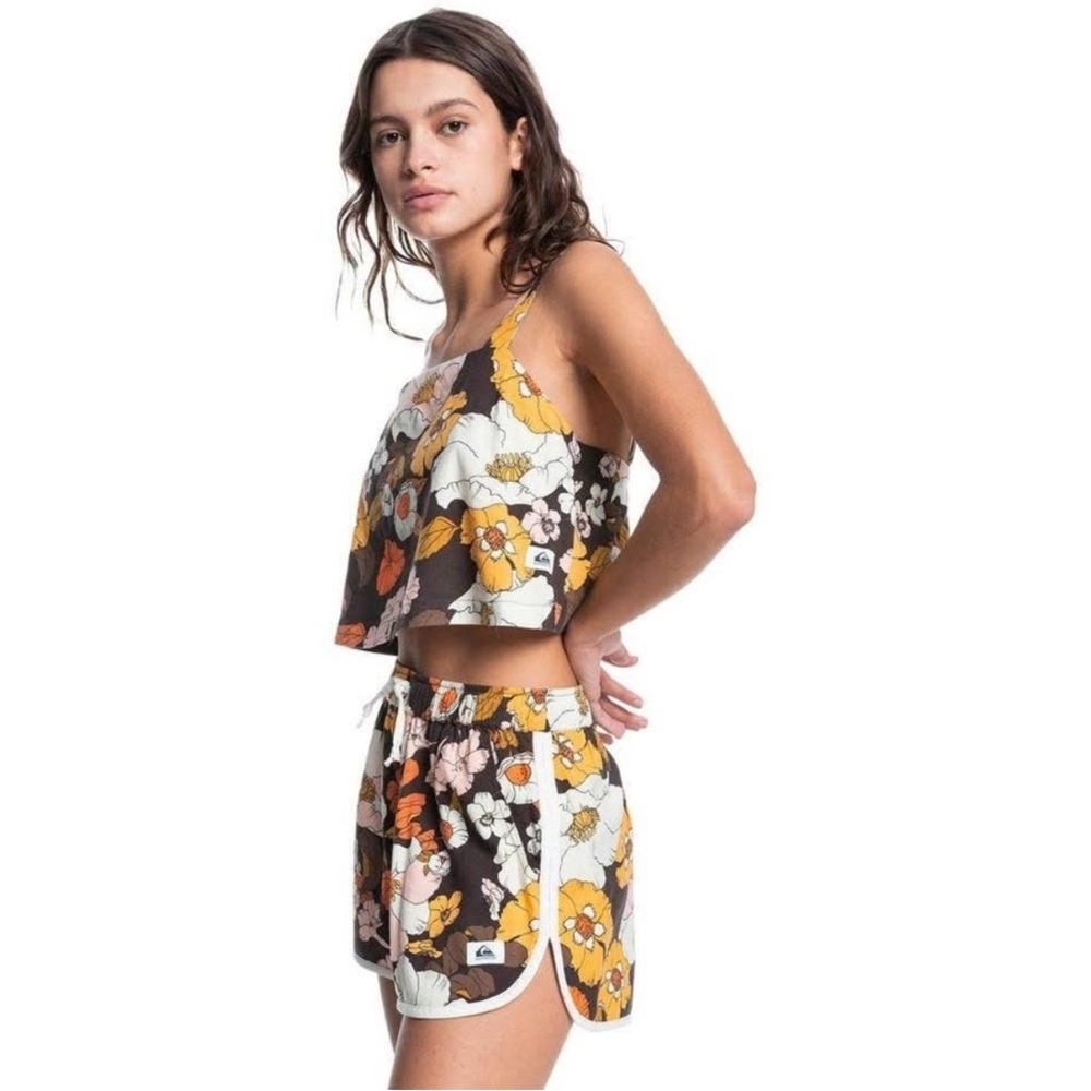QuickSilver Cami Retro Dream floral brown crop top size Large